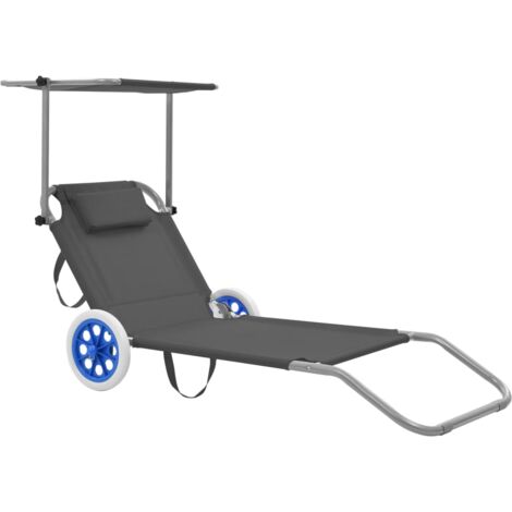 Chaise longue,Fauteuil de Bain de jardin Transat relax pliable avec auvent et roues Acier Gris GF51303 (1/5)
