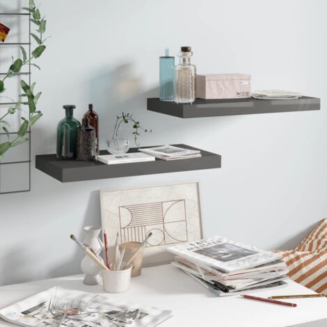 Lot de 2 Étagère murale flottante Étagère de Rangement - Meuble de rangement Gris brillant 50x23x3,8 cm MDF BV244874 - BonneVie (1/5)