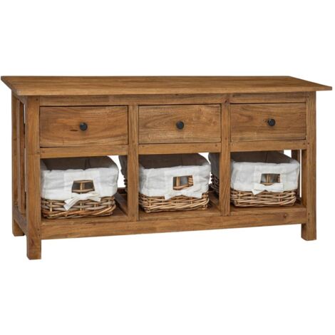 Design In – Buffet en bois de récupération massif 100x30x50 cm – 3 tiroirs et 3 paniers en rotin amovibles – Style vintage unique - CFW301182 (1/5)