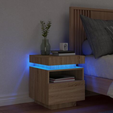 Design In – Table de chevet avec éclairage LED – Chêne sonoma – Dimensions 40 x 39 x 48,5 cm – Rangement optimisé avec tiroir – Connecteur USB inclus - CFW40867 (1/5)