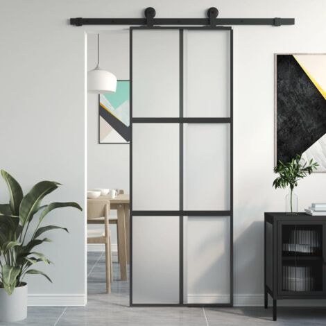 Porte coulissante，Porte glissante pour l'intérieure noir 76x205 cm verre trempé aluminium CFW18142