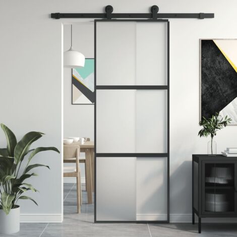 Porte coulissante，Porte glissante pour l'intérieure noir 76x205 cm verre trempé aluminium CFW42791