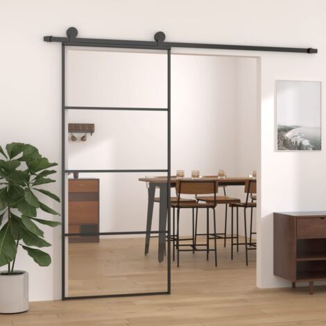 Porte coulissante,Porte glissante pour l'intérieure Aluminium et verre ESG 90x205 cm Noir CFW56653 (1/5)