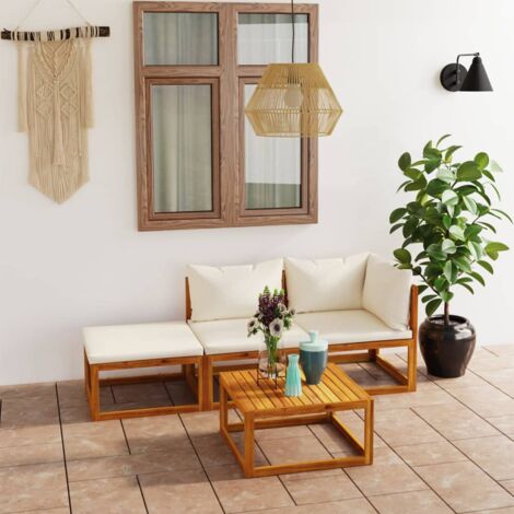 Salon de jardin 4 pcs，Salon d'extérieur，Ensemble Meuble de Jardin avec coussin Crème Bois d'acacia solide CFW61959 (1/5)