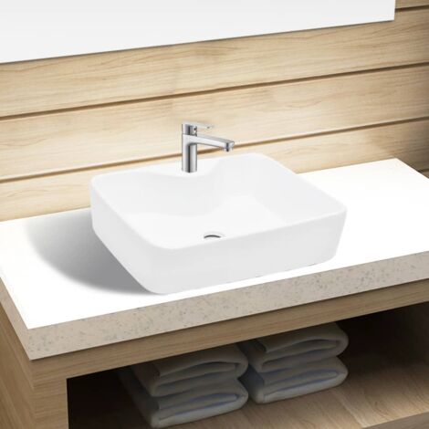 Vasque,Vasque à poser Lavabo,Évier carré à trou pour robinet céramique blanc pour salle de bain CFW73948 (1/5)