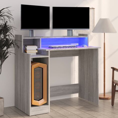 Bureau,Table de travail,Table d'étude et lumières LED Sonoma gris 97x45x90cm Bois d'ingénierie CFW31317 (1/5)