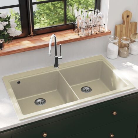 Évier de cuisine,Bac,Vasque à poser Granit Double lavabo Beige CFW53998 (1/5)