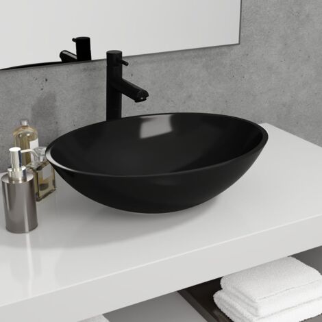 Vasque à poser Lavabo,Bac à laver,Évier Verre 50x37x14 cm Noir CFW37401 (1/5)