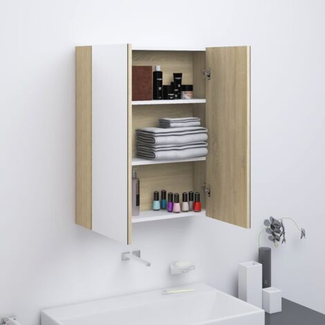Armoire murale de salle de bain à miroir - Meuble de rangement 60x15x75cm MDF Blanc et chêne BV339207 - BonneVie