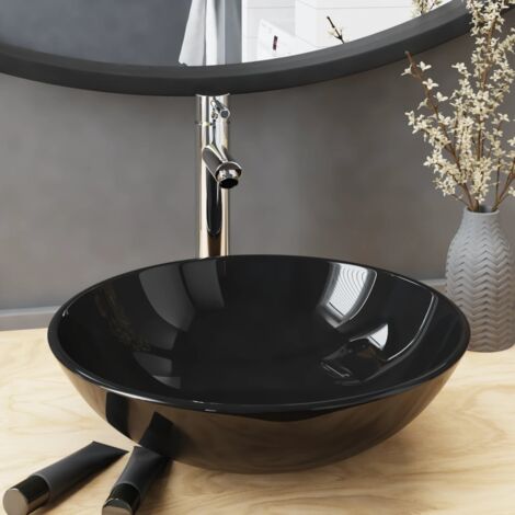Vasque à poser Lavabo Évier à poser Bac à laver de bain avec robinet et drain à poussoir Verre trempé CVW70710 (1/5)