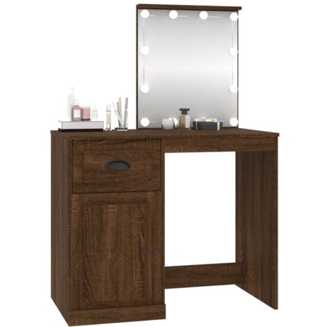 Coiffeuse Style campagnard avec Tabouret, Table de Maquillage Rustique Marron avec Miroir LED réglable, 2 tiroirs, Station de Charge, Table cosmétique en Bois pour Chambre