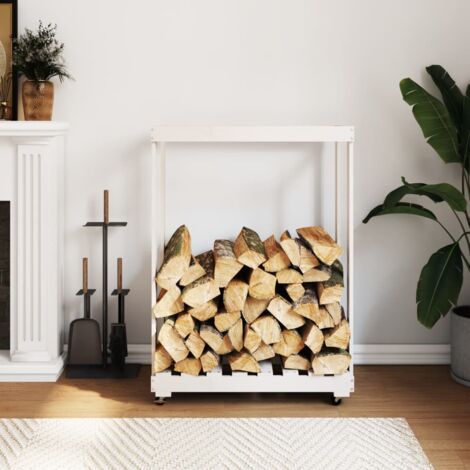 Porte-bûches  Range bûches extérieur avec roulettes blanc 76,5x40x108cm bois massif pin CVW28494