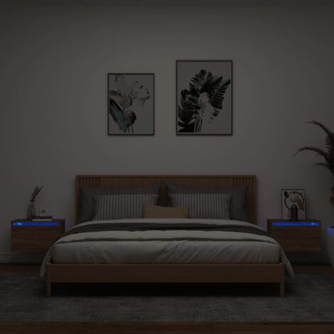 Lot de 2 Tables de chevet murales Table d'appoint Table de nuit avec lumières LED chêne marron CVW14704 (1/5)