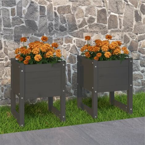 2 pcs Jardinière Pot de Fleurss Gris 40x40x52,5 cm Bois massif de pin CVW82531 (1/5)