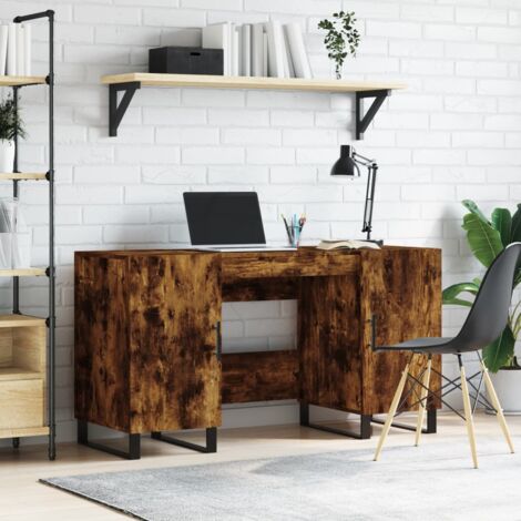 Bureau Ordinateur Tomostar 120x50x75 Cm - Plateau Chêne Fumé Bois D'ingénierie - Cadre Métal - Étagère Réglable