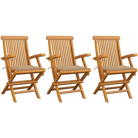 Lot de 3 Chaises de jardin，Siège de Terrasse  Chaise d'extérieur avec coussins beige Bois teck massif CFW590417 (1/5)