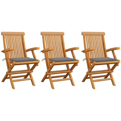 Lot de 3 Chaises de jardin,Siège de Terrasse Chaise d'extérieur avec coussins gris Bois teck massif CFW777910 (1/5)