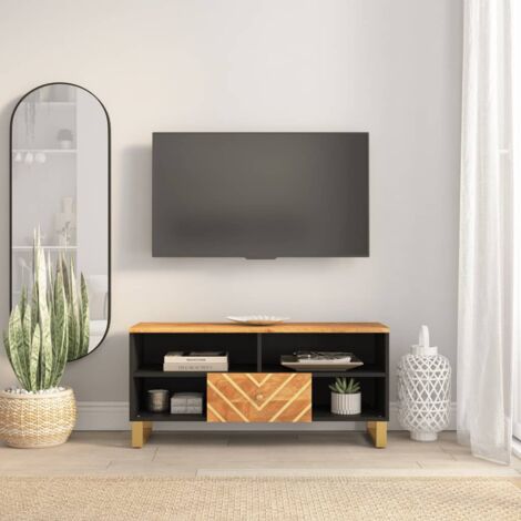 Meuble TV,Banc TV Moderne,Meuble de Rangement marron et noir 100x33,5x46 cm bois massif de manguier CFW632481 (1/5)