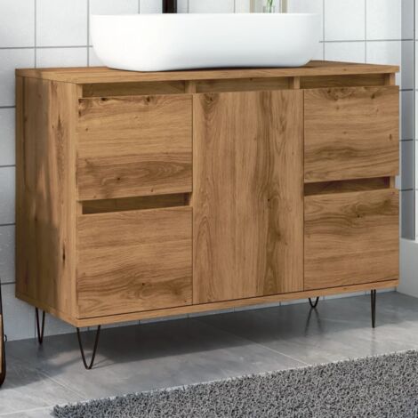 Design In – Armoire à pharmacie chêne artisanal bois d'ingénierie – 1 compartiment avec 4 tiroirs – Dimensions 80 x 33 x 60 cm – Pieds en fer pour style industriel - CFW86447 (1/5)