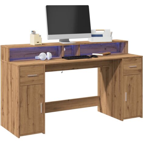 Bureau，Table de travail，Table d'étude avec lumières LED chêne artisanal bois d'ingénierie CFW20919