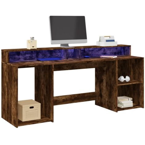 Bureau,Table de travail,Table d'étude et lumières LED chêne fumé 200x55x91cm bois d'ingénierie CFW74227 (1/5)