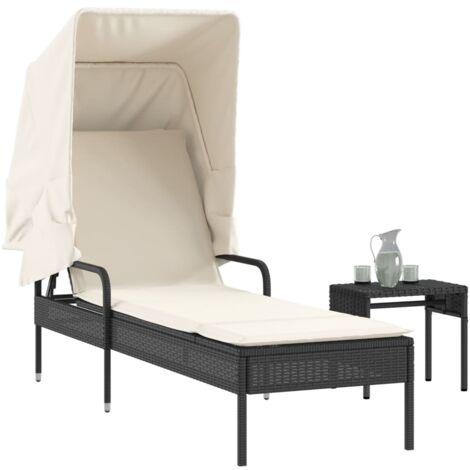Chaise longue Bain de soleil Transat de relaxation avec auvent et table noir résine tressée CFW89641 (1/5)