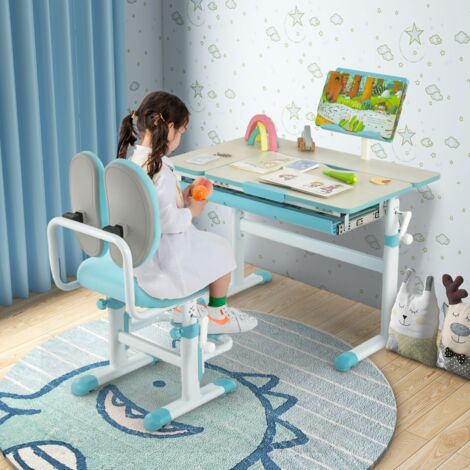 Bureau Enfants Réglable, Plateau Incliné 0-60°, Support Livre, 110KG, 3-12 Ans, Bleu CW68563