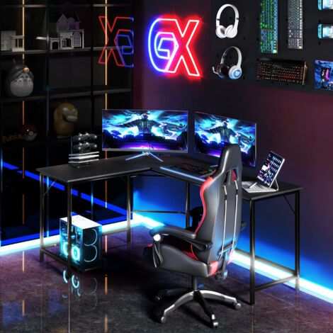 Design In – Bureau d'angle 168 cm avec 2 prises CA et 2 ports USB – Support UC intégré – Cadre métal noir pour espace de travail optimisé - CW87256 (1/3)