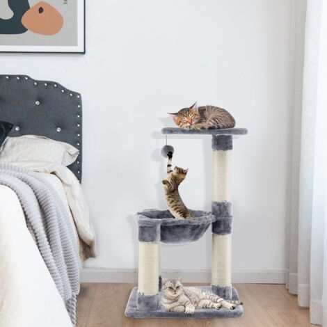 Arbre à chat Jouets pour chat Griffoir Sisal, Hamac Confortable, Balle Suspendue, Plate-forme 40x40x64 cm Gris CW25189 (1/3)