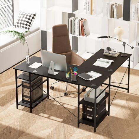 Bureau d'Angle 151x151x75 cm Ajustable pour 2 Personnes - 4 Étagères - Noir CW52167 (1/3)