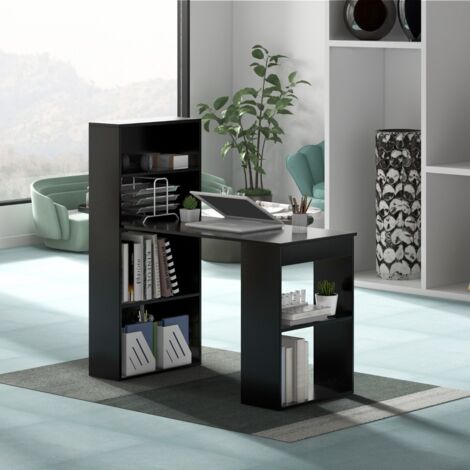 Bureau Réversible avec Bibliothèque, Étagères de Rangement à 6 Niveaux, Noir CW27099 (1/3)