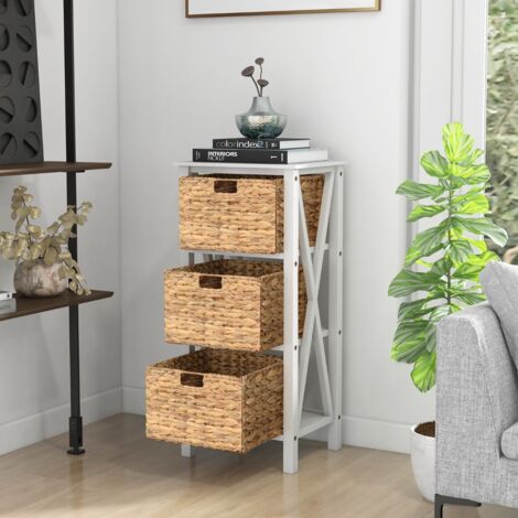 Lot de 2 Tables de Chevet 4 Niveaux avec 3 Paniers en Herbe Marine Table d'Appoint Étroite Au Design X avec Pieds en Bois d'Acacia Blanc CW23146 (1/3)