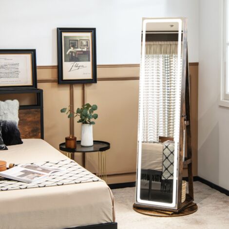 Armoire à Bijoux Miroir sur Pieds, Pivotant 360°, LED, 3 Étagères, Café CW37955 (1/3)