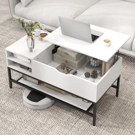 DF Table Basse De Salon, Moderne Table Salon Avec Un Compartiment De Rangement Pratique, Finition De Plateau Blanc Brillant (Gloss Beton