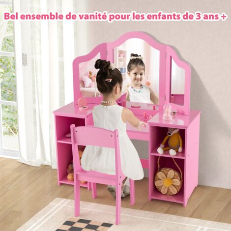 OOOK Coiffeuse Pour Enfants Avec Table, Chaise Et Miroir – Kit Complet 15 Accessoires De Maquillage – Bois Robuste, Rose (À Partir De 3 Ans)