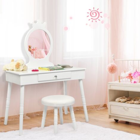 Coiffeuse Enfant Table de maquillage avec Tiroir et Tabouret Blanc CW15653 (1/3)
