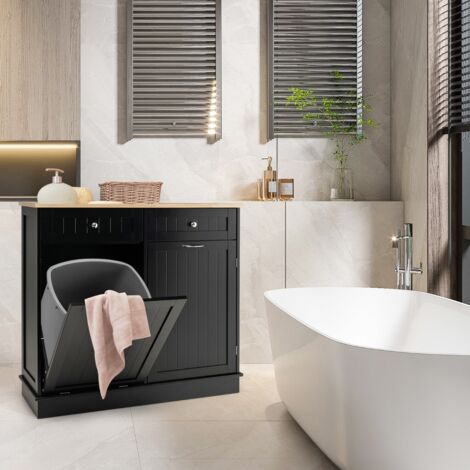 Buffet de Cuisine avec Plateau en Caoutchouc 2 Tiroirs Étagère Réglable et Placard pour Accueillir Poubelle 42 L Noir CW25528 (1/3)