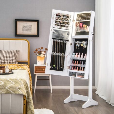 Armoire à Bijoux sur Pied, Lumières LED, Armoire Verrouillable, Miroir Pleine Longueur Éclairé, Blanc CW55931 (1/3)