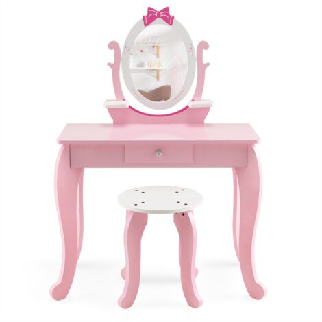 Coiffeuse Enfant Table de maquillage avec Miroir Rotatif et 1 Tiroir Rose CW34438 (1/3)