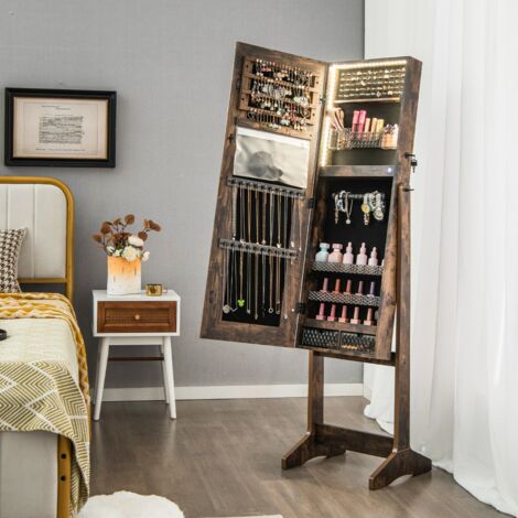 Armoire à Bijoux sur Pied, Lumières LED, Armoire Verrouillable, Miroir Pleine Longueur Éclairé, Noyer CW68562 (1/3)