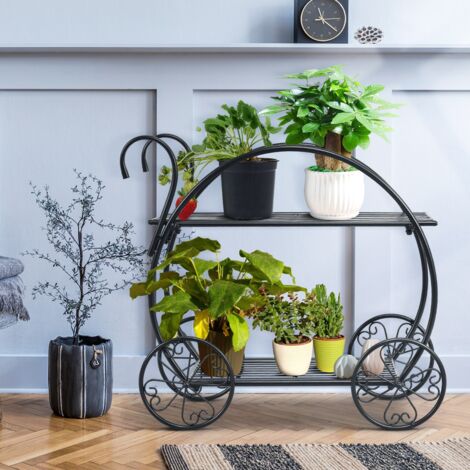 Étagère de rangement Étagère à Fleurs Fer Forgé 2 Niveaux 34x66x62,5CM avec Roues Décoratives Jardin CW49967 (1/3)