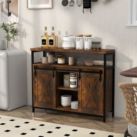 Buffet avec Rangement Meuble de Bar Etagères Réglables à 3 Niveaux Portes de Grange Coulissantes Compartiments Ouverts Marron Rustique CW60632 (1/3)