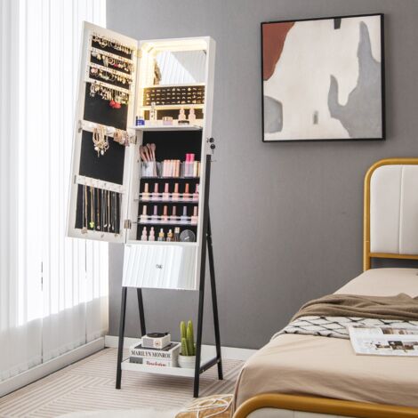 Armoire à Bijoux sur Pied, Miroir Pleine Longueur, LED 3 Couleurs, Miroir Intérieur, Porte Verrouillable, Blanc CW52315 (1/3)