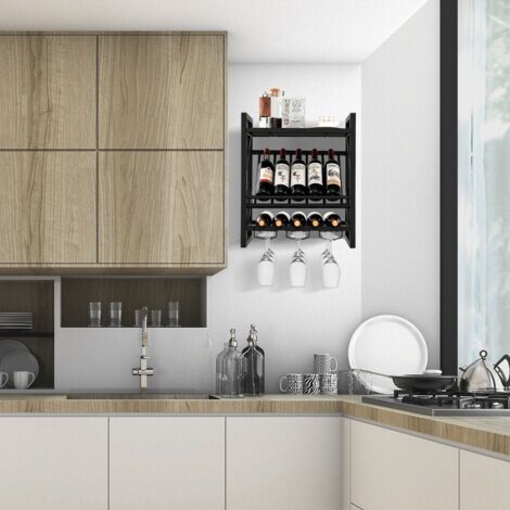 COSTWAY Bar à Vin Industriel, Étagère à Vin 21 Bouteilles, Étagères De Rangement à 3 Niveaux, Supports En Verre, Prises De Courant, 2 Ports USB, Pour Salon, Cuisine, Bar, Marron Rustique