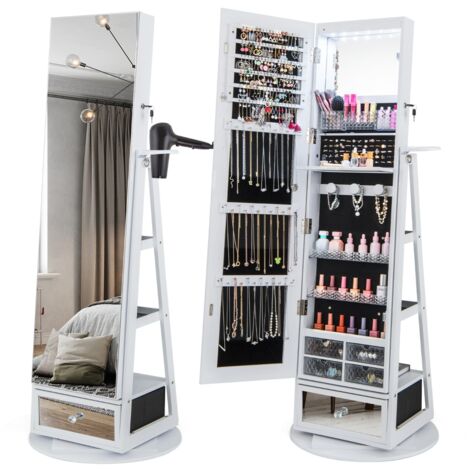 Armoire à Bijoux Pivotante 360°, Miroir Pleine Longueur, LED, Étagère 3 Niveaux, Blanc, Porte Verrouillable CW89870 (1/3)
