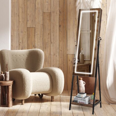 Armoire à Bijoux sur Pied, Miroir Pleine Longueur, LED 3 Couleurs, Interrupteur Tactile, Porte Verrouillable, Café CW95116 (1/3)