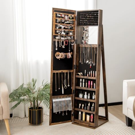 Armoire à Bijoux sur Pieds, Miroir Pleine Longueur, Miroir Maquillage Intégré 38x38x157,5 cm, Café CW45856 (1/3)