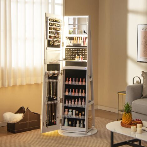 Armoire à Bijoux Miroir sur Pieds, Pivotant 360°, LED, 3 Étagères, Blanc CW63123 (1/3)