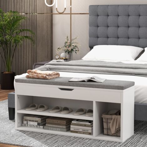 Banc à Chaussures pour 7 Paires, 3 Étagères et Coffre de Rangement, Coussin Amovible, 104x30x48cm Gris CW39525 (1/3)