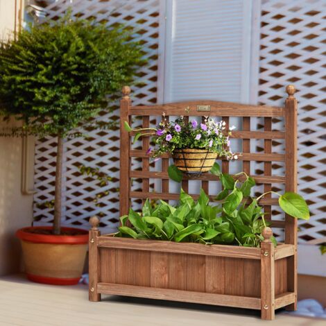 Jardinière avec treillis bois bac à fleurs rectangulaire pour jardin terrasse 64,5x28x75 cm CW16668 (1/3)